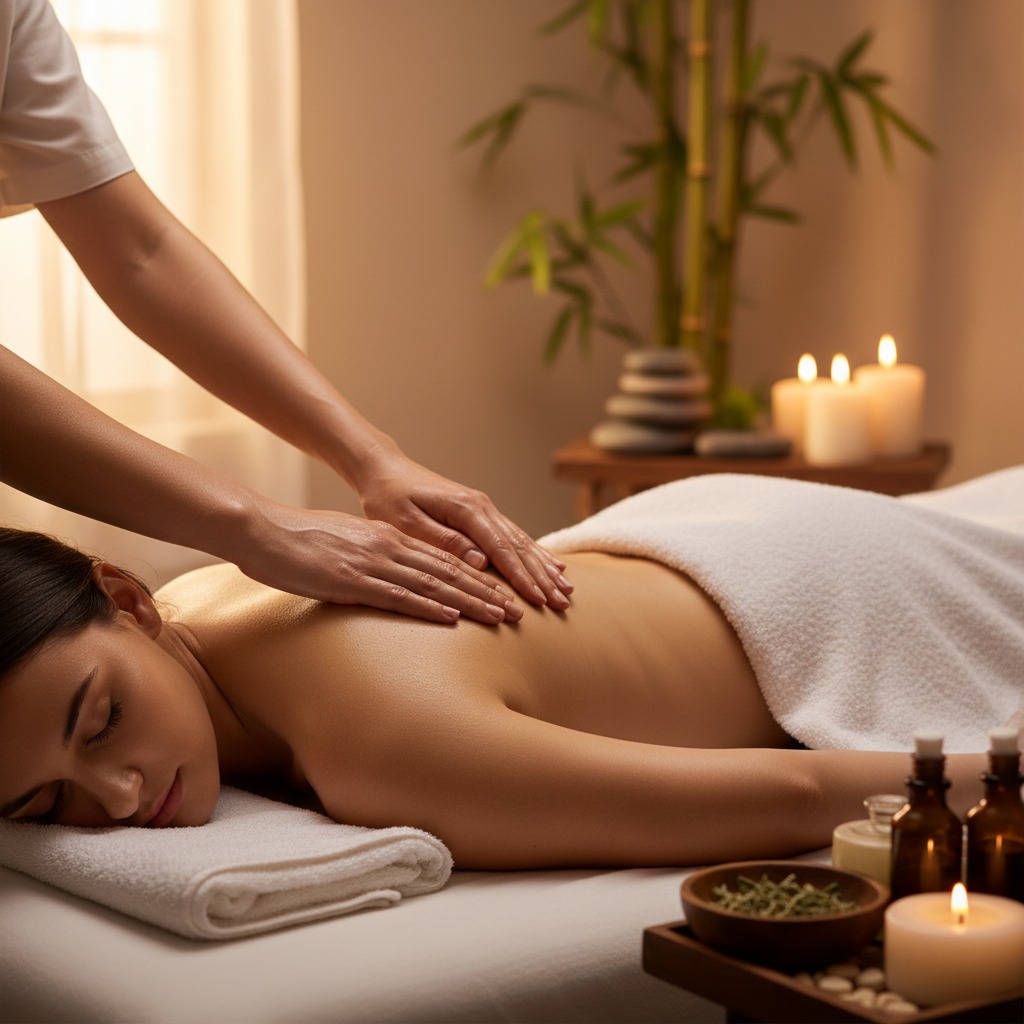Eine Frau genießt entspannt eine wohltuende Rückenmassage in einem ruhigen Wellnessstudio.